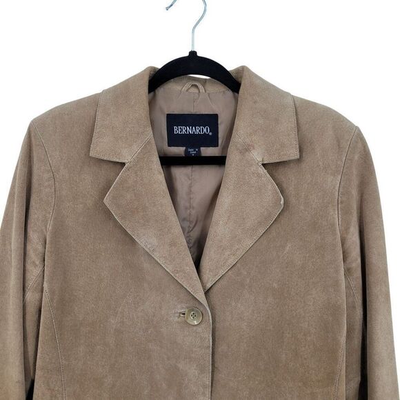 Vtg Bernardo Womens Sz M Camel Genuine Leather Blazer Jacket Shacket Pocket Tan - Picture 4 of 10